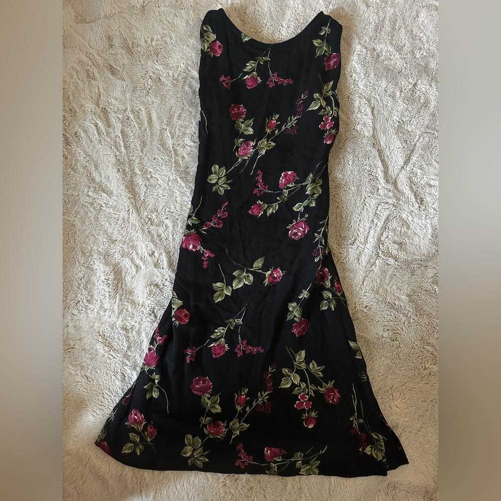 Black Floral Slip Dress with Pink Rose Print